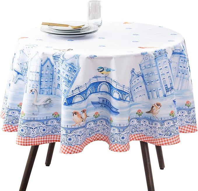 Maison d'Hermine Table Cloth Round Table 100% Cotton Tablecloth for Dining Room, Farmhouse, Home, Hotel, Parties & Wedding - Ideal for Easter Decorations Spring & Summer (Amsterdam Canals, 69" Round)