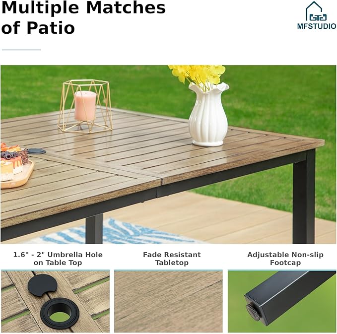 MFSTUDIO Patio Dining Sets with Swivel Chairs, Wood-Like Metal Table for 6 and Wicker Chairs, 7 Pieces Outdoor Dining Furniture, Patio Rectangular Table and Chair for Deck, Backyard