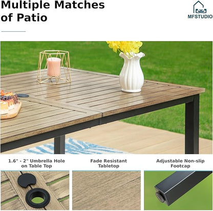 MFSTUDIO Patio Dining Sets with Swivel Chairs, Wood-Like Metal Table for 6 and Wicker Chairs, 7 Pieces Outdoor Dining Furniture, Patio Rectangular Table and Chair for Deck, Backyard
