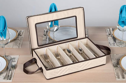 Flatware Storage Case - Durable 5 Compartment Silverware Storage Container Box with Removable Lid and Easy to Carry Handles - Large Capacity Keeps Your Cutlery Organized & Protected - Beige