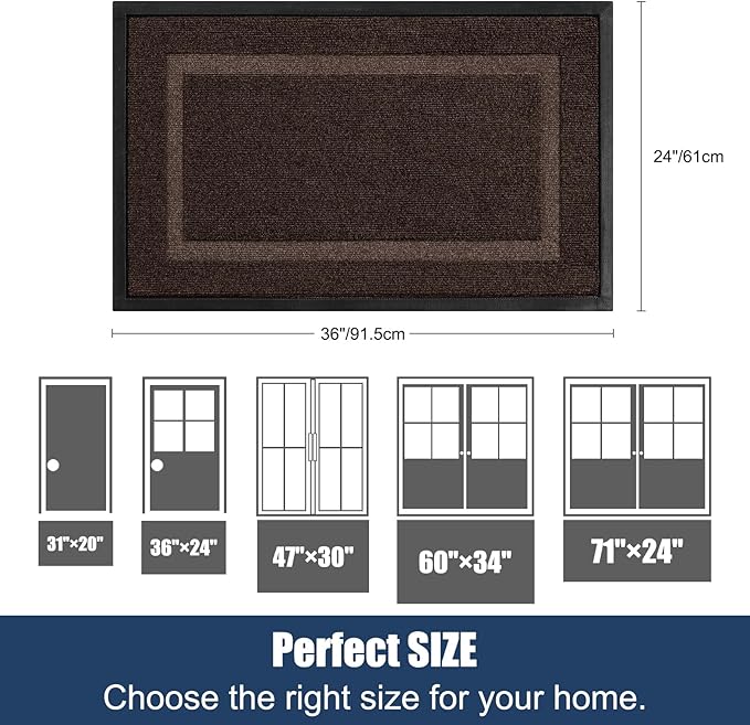 Large Front Door Mat Outside Entrance Indoor Doormat, 36" x 24" Outdoor Mats For Patio Waterproof, Outdoor Door Mats For Outside Entry, Indoor Rugs for Entryway, Sturdy Natural Rubber Entry Mat, Brown