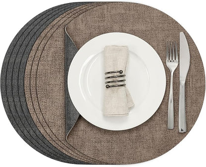 Myir JUN Round Placemats Dual Sided, Faux Leather Place Mats Set of 4 Indoor Placemats for Dining Table Outdoor Placemats Non-Slip Washable Table Mats (Set of 8, Gray Brown)