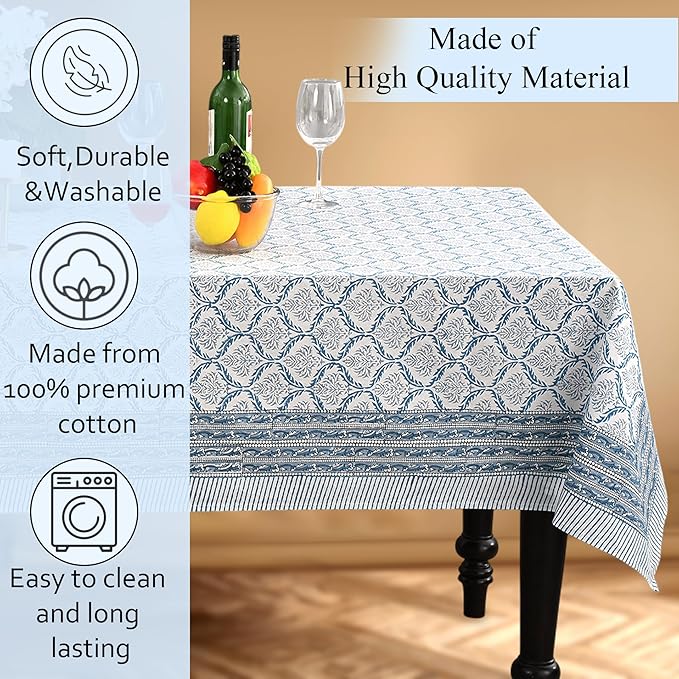 CPC Indigo Regal Tablecloth 100% Cotton 70x118 Inch Indian Block Print Rectangle Table Cover, Table Cloth for Gifting in Weddings, Halloween, Fall, Christmas, Thanksgiving