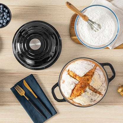 Velaze Enameled Cast Iron Dutch Oven for Bread Baking,5 QT Round Bread Oven Pot with Dome Lid for Sourdough, Roasting,Braising(Black)