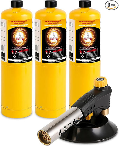 BLAZEAL Propane Torch Kit with 3x MAPP Gas,4-Flame Blow Torch Head with Propane Tank Base for MAP Gas,Work in All Angle,Trigger Start Torch Gun for Welding Brazing Soldering Grill Camping Cooking Food