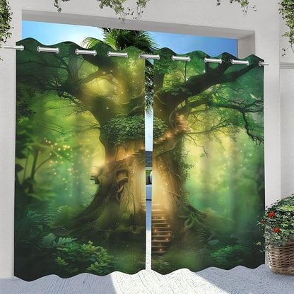 Fantasy Theme Waterproof Outdoor Curtains for Patio,Forest Pattern,Light Filtering Curtains Outside Curtains for Porch, Gazebo, Pergola, Backyard,2 Panels,W54 x L84,Green
