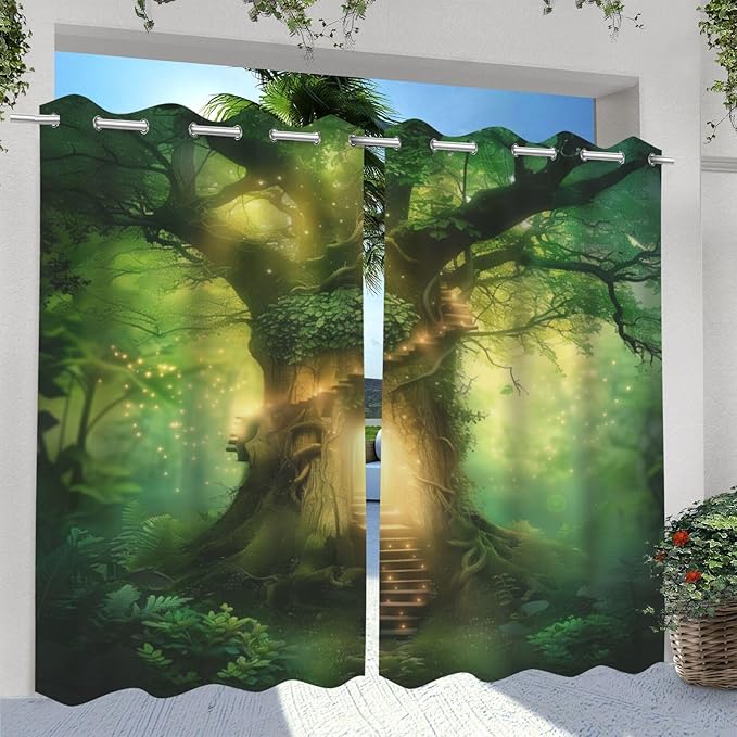Fantasy Theme Outdoor Curtains for Patio Waterproof,Forest Pattern,Privacy Curtains for Porch Pergola Arbor Lanai Pool House Outside Deck,Set of 2 Panels,W54 x L108,Green