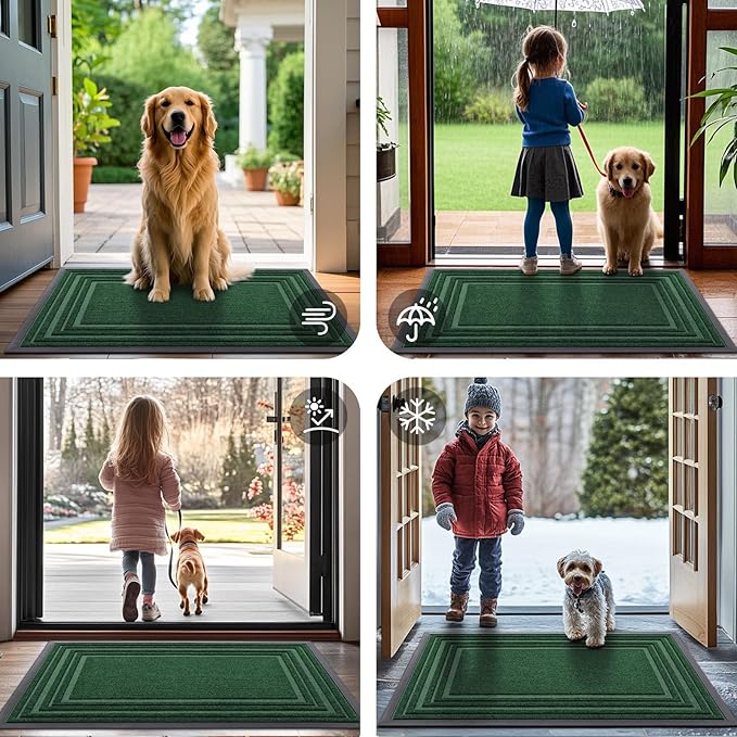 Buganda Front Door Mat Indoor Outdoor Entrance, Non-Slip Natural Rubber Doormats, Easy Clean, Low Profile, Dirt Trapper Entryway Floor Mats for Outside, Garages and Patios, 47x32, Green