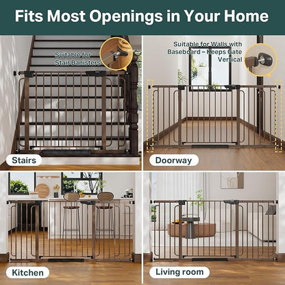 Cumbor 36.6-64" Extra Wide Baby Gate for Stairs, Dog Gates for Doorways, Auto-Close Pet Gate Indoor, Pressure Mounted Walk Through Safety Child Gate for Kids Toddler, Tall Pet Puppy Fence Gate, Brown