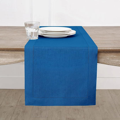 Solino Home Linen Indigo Blue Hemstitch Table Runner 60 Inches - 100% Pure Linen Small Table Runner 14 x 60 Inch Ideal for Dresser and Coffee Tables - Classic Hemstitch - Winter, Spring, Easter