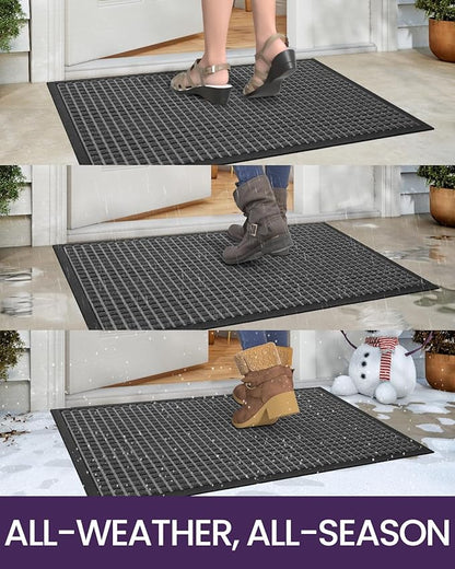 DEXI Front Door Mat Outside Entrance, 2x4 ft Rubber Entry Doormat Heavy Duty, Welcome Mats Non Slip for Inside House Floor Entryway Double Doors Exterior Patio, Squares Grey