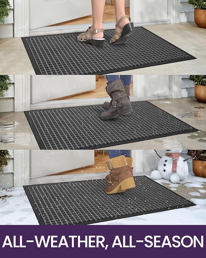 DEXI Front Door Mat Outside Entrance, 3x5 ft Rubber Entry Doormat Heavy Duty, Welcome Mats Non Slip for Inside House Floor Entryway Back Doors Exterior Patio, Squares Grey