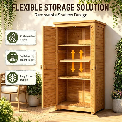 Outvita Outdoor Storage Cabinet, 63in Wooden Garden Tools Shed, Natural | 2 - Image 2