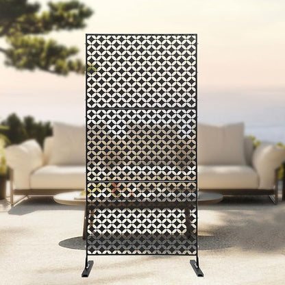 Outdoor Metal Privacy Screen with Stand, 35.4" W x 75" H Freestanding Metal Slatted Decorative Privacy Screen and Panels for Patio Garden Balcony Porch (Black Star)