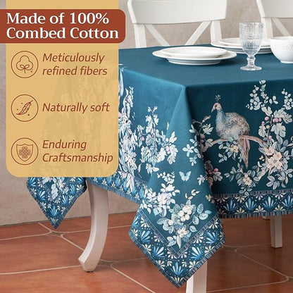 Maison d' Hermine Premium Table Cloth Rectangle Table 100% Combed Cotton 90 x 70 Inches Tablecloth Reusable Decorative for Dining Room, Farmhouse, Party, Festive & Wedding - Peacock Utopia - Deep Sea