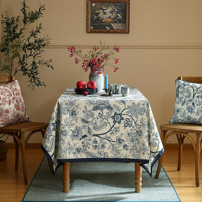 ISAENNE Designer French Linen Long Rectangle Tablecloth,Blue Floral Washable Indoor Table Cloth,Durable Home Decor Tablecloths for Dining Thanksgiving Kitchen Party Christmas,63"*94"-Ruyi B