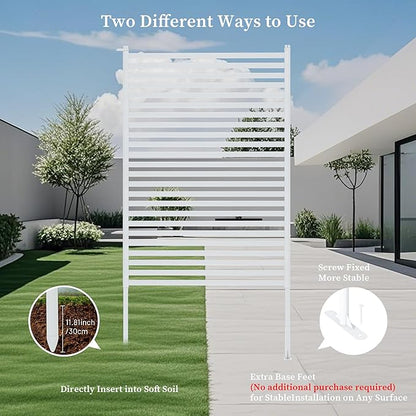 Outdoor Privacy Screen with Stand, Rustproof Metal Fence Panel, 35.43’’x 59.06’’ PE-Coated Steel Slats, Decorative Privacy Fence for Patio, Garden, Backyard, Trash Can, White(1 Panel)
