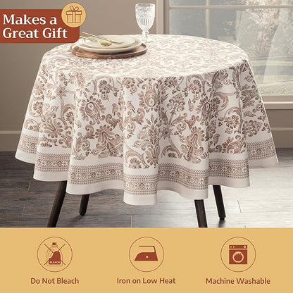 Maison d' Hermine Table Cloth Round Table 100% Cotton 63 Inches Fall Tablecloth Reusable Everyday Use for Thanksgiving Christmas Decorations Dining Farmhouse Party (Allure)