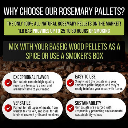 Grill Armor 100% All-Natural Rosemary Pellets for Smokers, Charcoal, Gas Grills, Smoking Gun, Mix with Other Wood Pellets – BBQ, Bake, Roast, Grill, 1lb Bag Lasts 25-30 Hours