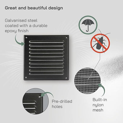Vent Systems 6 x 6 Inch (Inner) Pack of 10 Black Vent Cover - Square Metal HVAC Return Air Grille with Mesh Screen - Register Wall Vent Grill - Outdoor, Indoor, Crawlspace - Exhaust Ventilation Grill