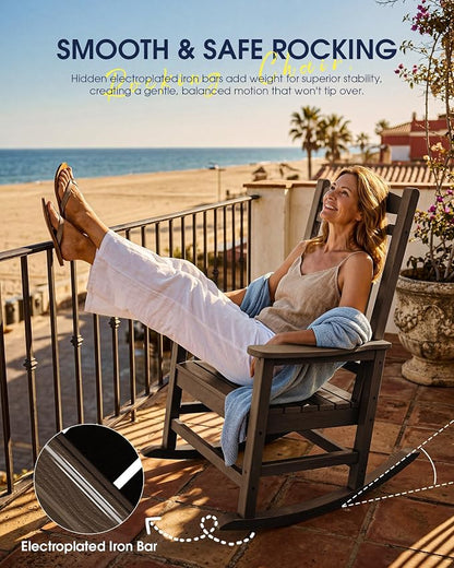 Oversized Outdoor Rocking Chair Set of 4, HDPE Porch Rocker, Coffee | - Image 9