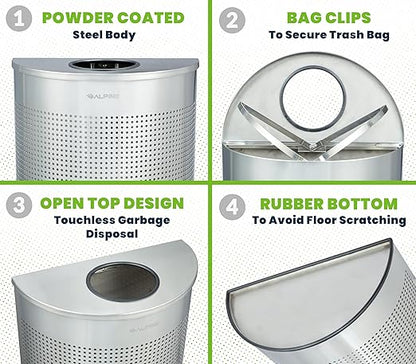 Alpine Half Round Trash Can Open Top - Modern 12 Gallon Stainless Steel Space Saving Indoor Commercial Trash Can, Narrow Garbage Can for Bathroom. Office, Lobby and Business.
