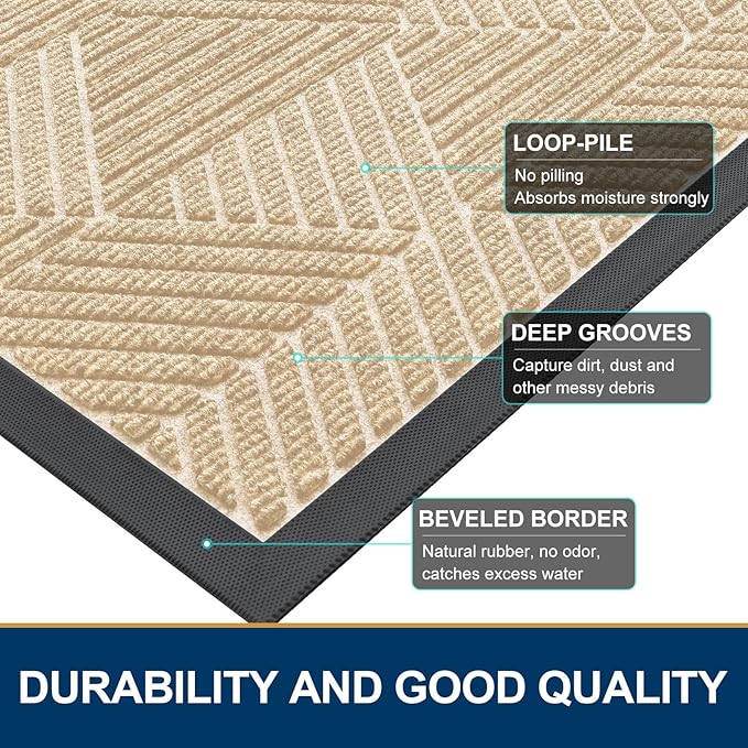 Smiry Front Door Mat Outside Entrance, Heavy Duty Sturdy Natural Rubber Doormat, Trap Dirt and Moisture, Easy Clean Low Profile Mats for Indoor Outdoor Entry, Irregular Triangle (36x24, Beige)