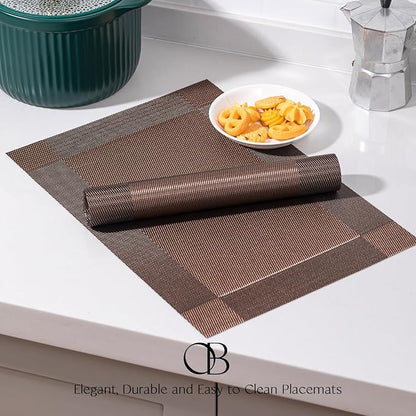 Placemats Set of 4 - Easy Clean Woven Vinyl Placemats for Dining Table, Indoor/Outdoor Place Mats, Washable PVC Table Mats（Brown Cube）