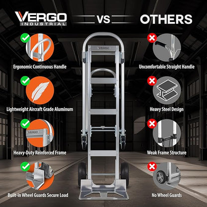 Vergo Industrial Convertible Hand Truck - AS7B Heavy Duty Aluminum 2 in 1 Dolly (800 lb Capacity) Lightweight Reinforced Frame, Ergonomic Handle, Superior Mobility Moving Dolly (2 Positions, 63" High)