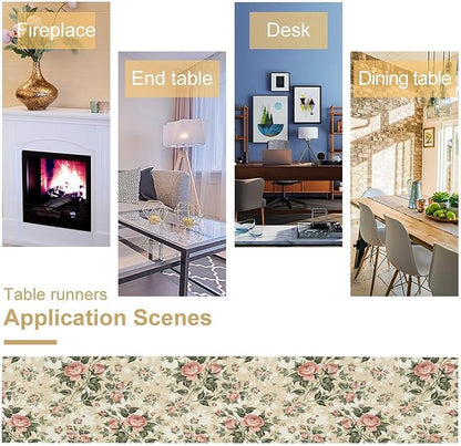 Rose Floral Table Runner,Vintage Watercolor Spring Summer Seasons Flowers Table Decoration for Wedding Holiday Indoor Outdoor Home Party 13x60in