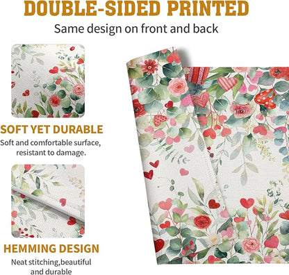 Valentines Eucalyptus Leave Placemats Set of 4, 12x18 Inch Valentine Heart Rose Floral Table Mats Spring Summer Washable Heat Resistance Place Mats for Kitchen Dining Indoor Decor