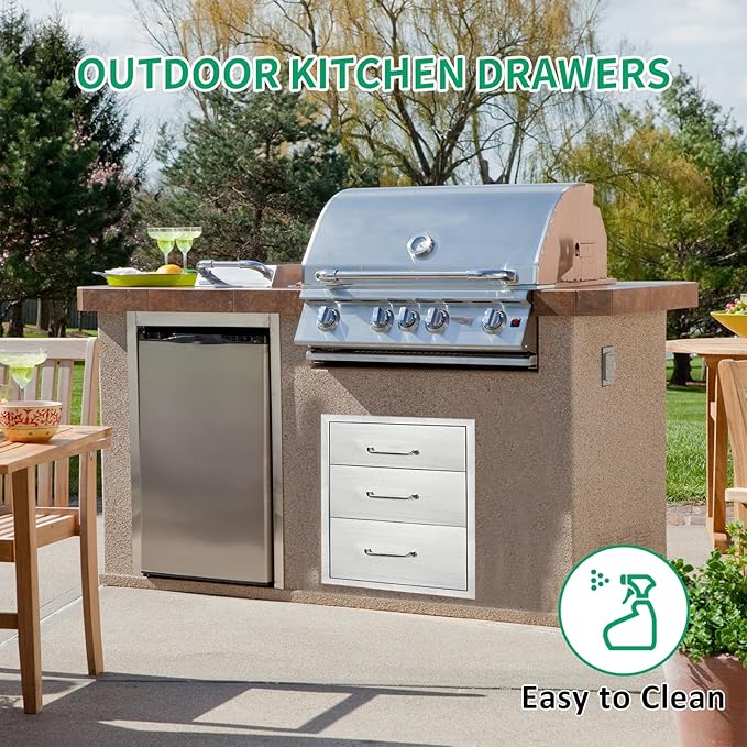 Outdoor Kitchen Drawers 15.7" W x 21.6" H x 17.7" D Stainless Steel Triple Drawers with Ergonomic Handle for BBQ Island, Patio Grill Station & Outdoor Kitchen Cabinets