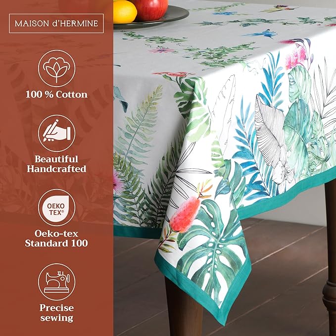 Maison d' Hermine Table Cloth Rectangle Table 100% Cotton 54 x 72 Inches Tablecloth Reusable Decorative Everyday Use for Dining Room, Farmhouse, Home Party, Festive & Wedding Spring Summer - Tropiques
