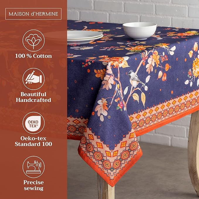 Maison d' Hermine Table Cloth Rectangle Table 100% Cotton 70 x 120 Inches Fall Tablecloth Reusable Everyday Use for Thanksgiving Christmas Decorations Dining Farmhouse Party (Kelim - Infinity)