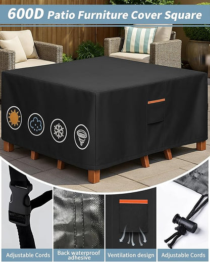 Outdoor Waterproof Furniture Cover, 74W x 74L x 28H inches Heavy Duty 600D Square Table and Chair Set Protection, Black