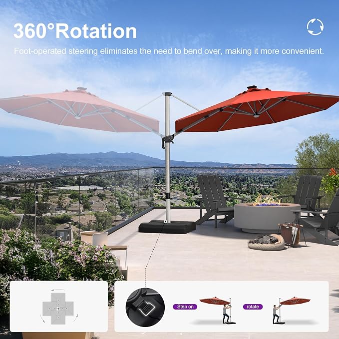 PURPLE LEAF Cantilever Patio Umbrella 11ft Round Solar LED Light, Brick Red | - Image 4