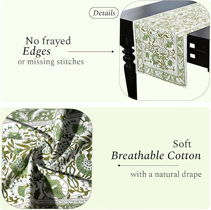 CPC Cotton Table Runner 16x106 inch Block Printed Long Fall Table Runner for Dining Table, Card Table, Coffee Table, Wedding, Farmhouse & Outdoor Barbeque-Agate Green