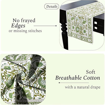 CPC Cotton Table Runner 16x106 inch Block Printed Long Fall Table Runner for Dining Table, Card Table, Coffee Table, Wedding, Farmhouse & Outdoor Barbeque-Agate Green