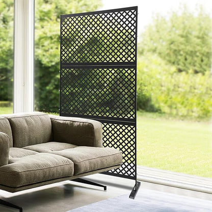 75" H×35" W Decorative Outdoor Privacy Screen with Stand, Outdoor Decor Privacy Fence Screen Metal Fence Panels, Free Standing Metal Divider for Patio Lawn Deck (Black-Small Square)