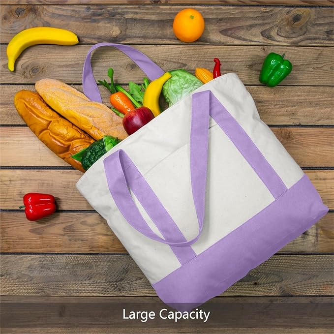 TOPDesign 3-Pack Canvas Tote Bags with an External Pocket, Reusable Grocery Shopping Bags, Top Zipper Closure, Daily Essentials (Lavender/Natural)