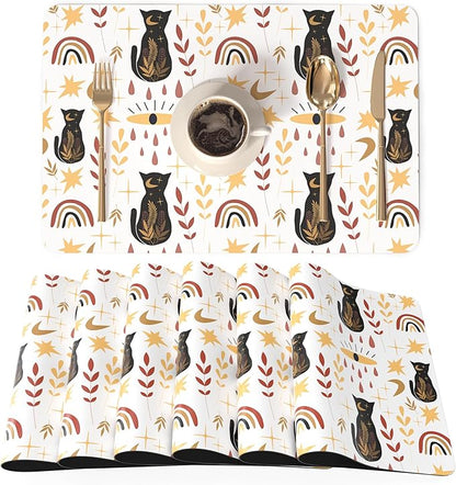 QIYI Placemats Set of 6, 12x18 Inch Faux Leather Place Mats for Kitchen Dinning, Heat Resistant Anti Slip Folk Table Mats, Waterproof Wipeable Washable Placemat Party Table Décor, Boho Black Cats