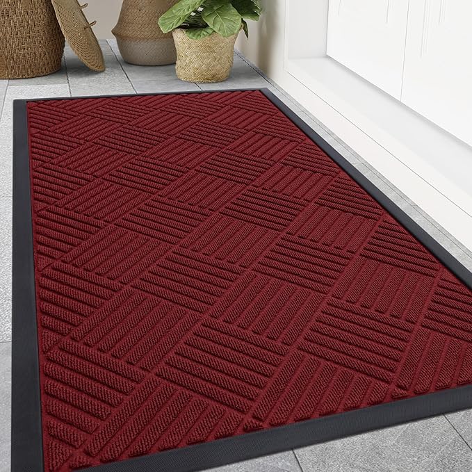 Smiry Front Door Mat Outside Entrance, Heavy Duty Outdoor Indoor Mat, Natural Rubber Doormat, Non Slip, Trap Dirt and Moisture, Easy Clean, Low Profile Patio Porch Entryway Mat, 59x35, Wine Red
