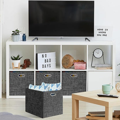 Posprica 13x15x13in Collapsible Storage Bins, Fabric Foldable Cube Storage Boxes, Decorative Storage Baskets Organizer for IKEA Kallax, Shelves, Closet, Clothes, Toy, Set of 4-Black