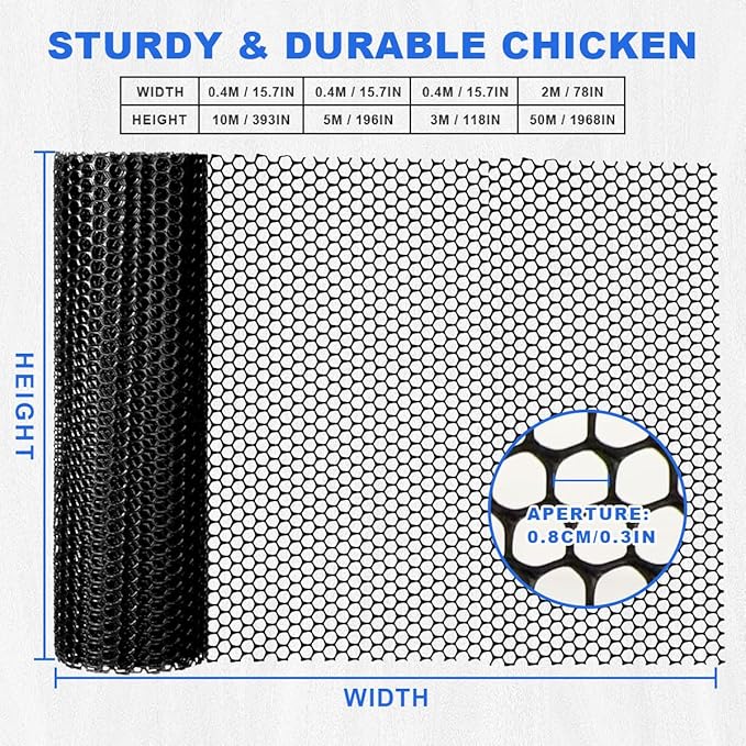 Plastic Chicken Wire Mesh Fence Roll with Zip Ties,15.7inx16.4ft Black,Chicken Wire Fencing,Garden Fence Animal Barrier for Dogs, Cats & Poultry,Easy Install