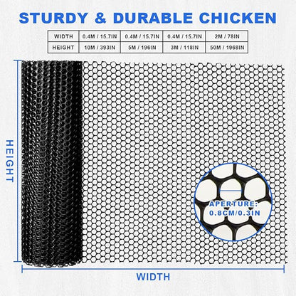 Plastic Chicken Wire Mesh Fence Roll with Zip Ties,15.7inx16.4ft Black,Chicken Wire Fencing,Garden Fence Animal Barrier for Dogs, Cats & Poultry,Easy Install