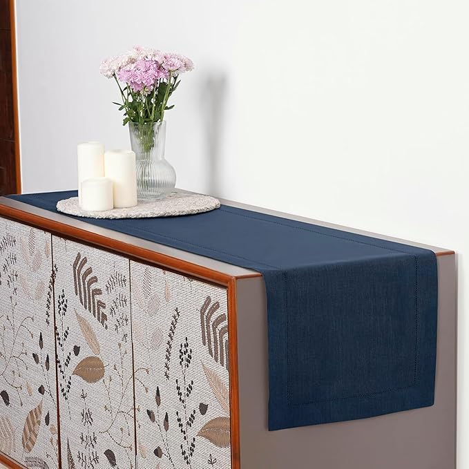 D'Moksha Homes Linen Navy Blue Table Runner 60 Inches - Classic Hemstitch, 100% Pure Linen Coffee Table Runner 14 x 60 Inch Ideal for Dresser Tables - Easter