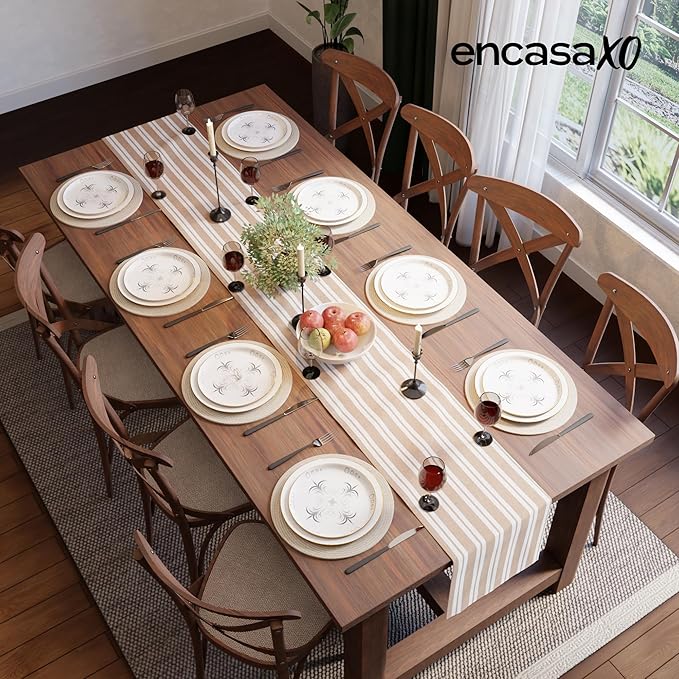 Encasa XO Cotton Dining Table Runner | Franca Beige Stripes | Size 13x104 in - Machine Washable & Durable