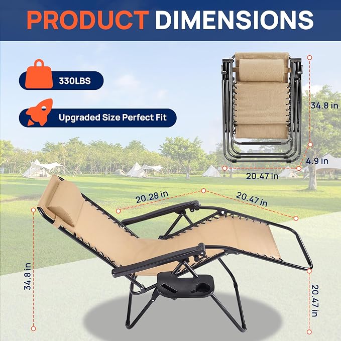 Alpen Set of 2 Outdoor Camping Chairs, Lounge Zero Gravity Chair, Khaki | - Image 3