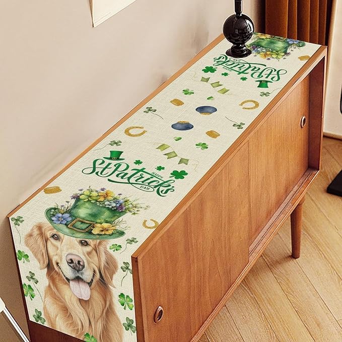 St.Patrick's Day Table Runner,Sharmrock Dog Hat Golden Retriever Beige Rustic Table Center Decor for Home Kitchen Dining Patio Holiday Party Indoor Table Decorations, 13"x90"
