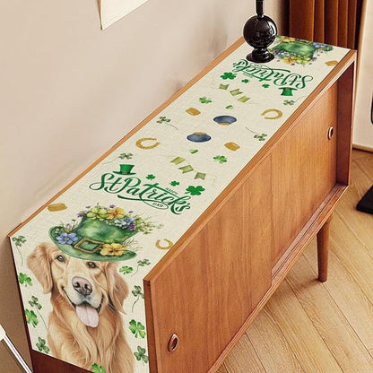 St.Patrick's Day Table Runner,Sharmrock Dog Hat Golden Retriever Beige Rustic Table Center Decor for Home Kitchen Dining Patio Holiday Party Indoor Table Decorations, 13"x72"